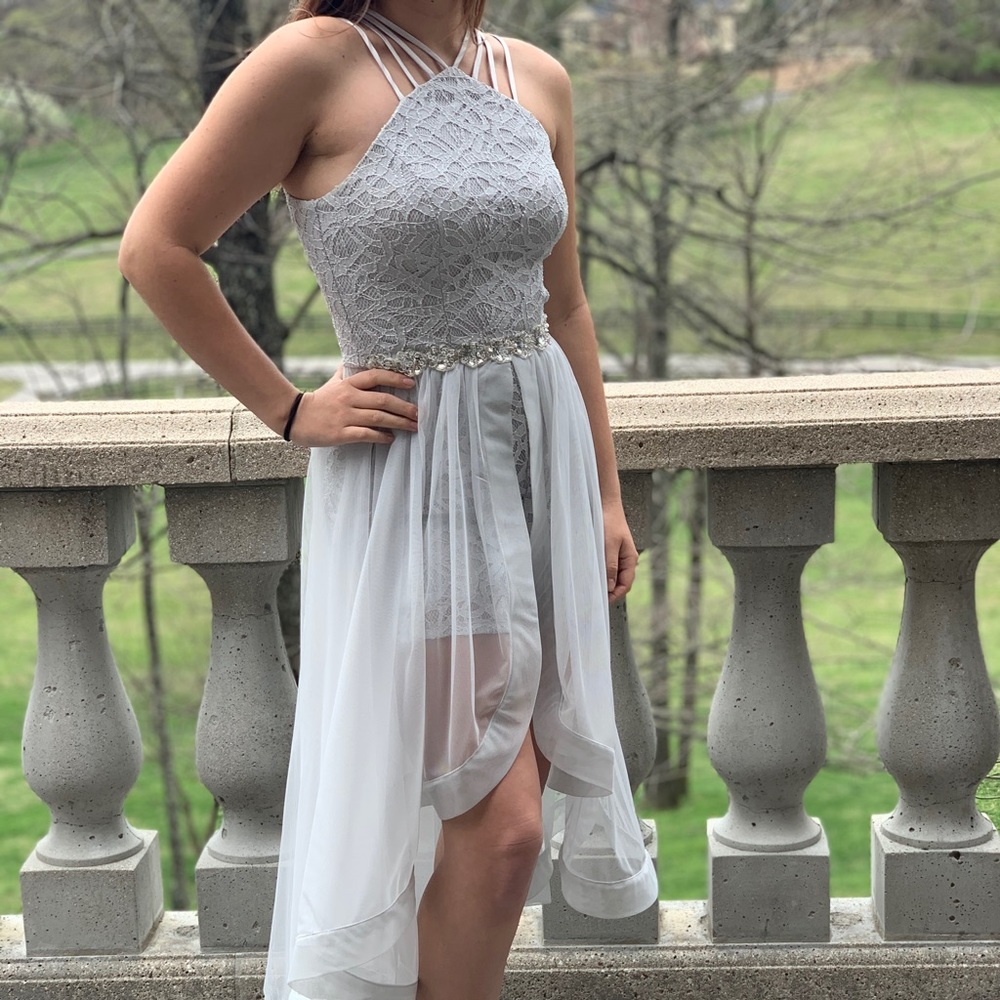 Silver gray prom dress with tulle and lace